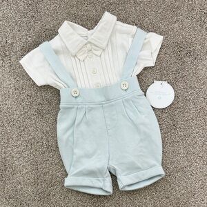 Baby Blue Suspender Shorts with White Shirt